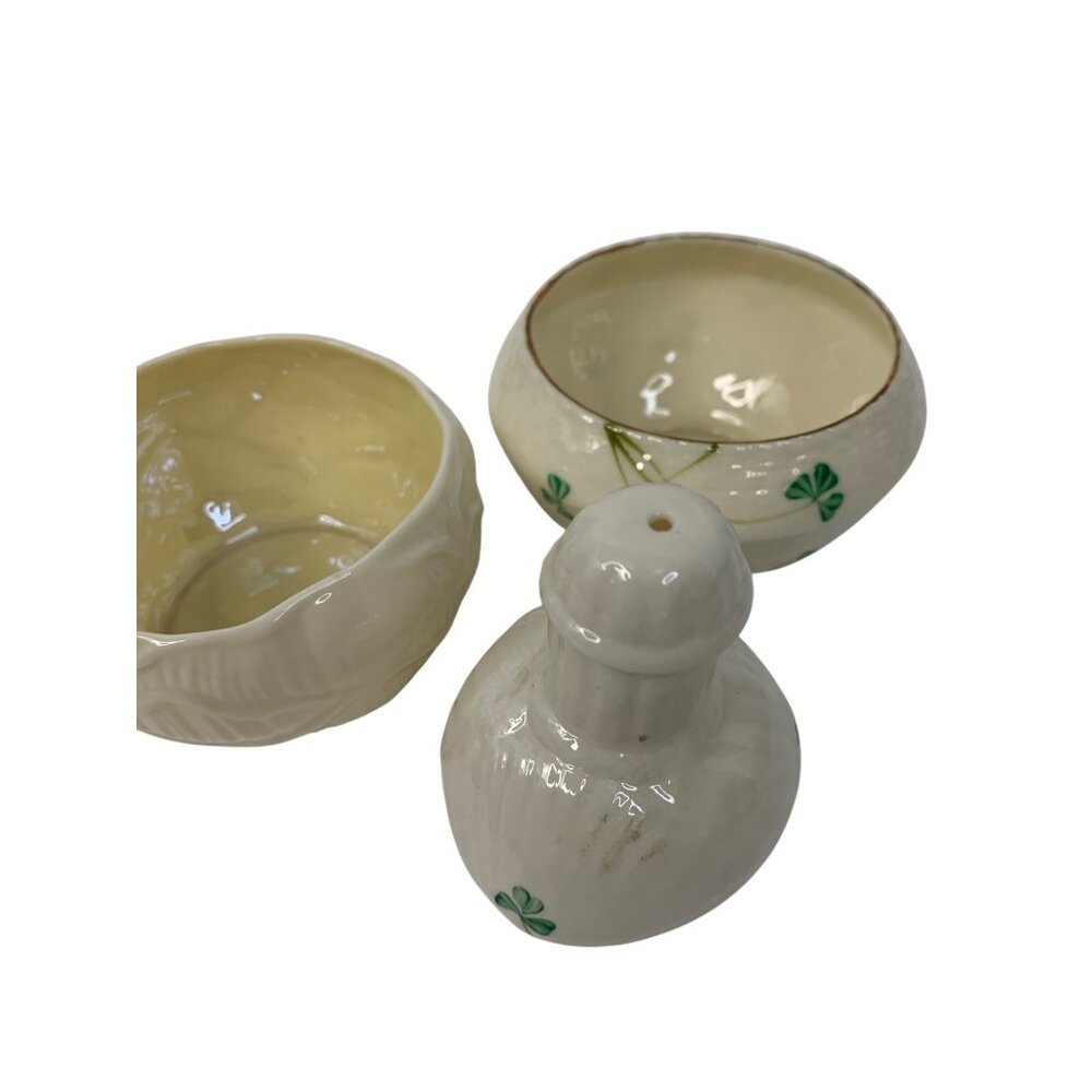 Belleek Irish Porcelain Shamrock Design Set Of 3 Bowls  & Pepper Shaker 8811
